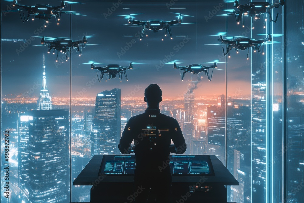 Poster A skilled drone pilot maneuvers multiple advanced drones from a cutting-edge control center while the city lights twinkle below. Generative AI