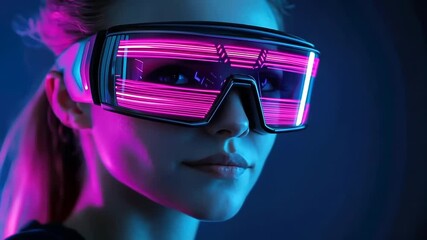 Futuristic woman wearing neon light virtual reality headset - Powered by Adobe