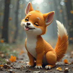 A cartoon fox is sitting on the ground with its tongue out