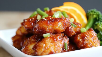 serving of fried chicken bites tossed in a tangy orange glaze.