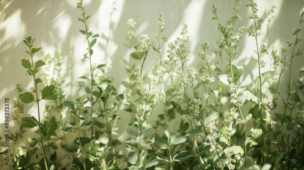 Wall mural A Soft Focus Image of Green Leafed Plants with White Flowers