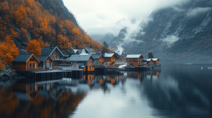 Fototapeta premium A futuristic minimalist village of mirrored houses on stilts in a fjord