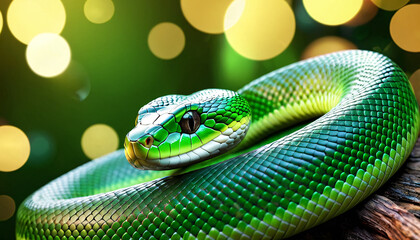 Fototapeta premium A green snake is curled up on a log