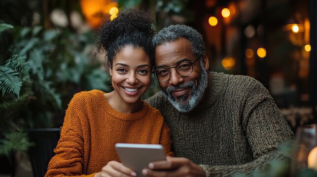 A happy couple using technology while seated at a table in their backyard, depicting the casual use of modern devices.