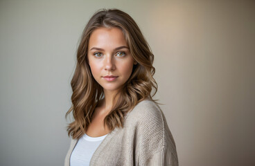 Obraz premium a young woman with soft wavy brown hair, light makeup, and a calm expression. She's wearing a beige sweater over a white shirt, set against a neutral background with soft lighting.