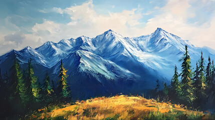 Fototapeta premium Snow-capped mountains rise above a lush green valley, their peaks piercing through a clear blue sky