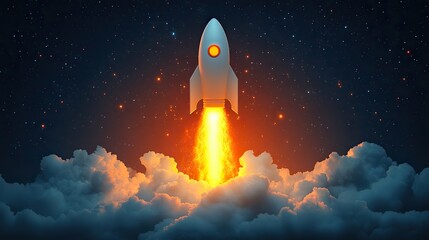 Obraz premium A light bulb flies skyward like a rocket in a flat lay design, symbolizing the launch of new ideas and creative thinking.