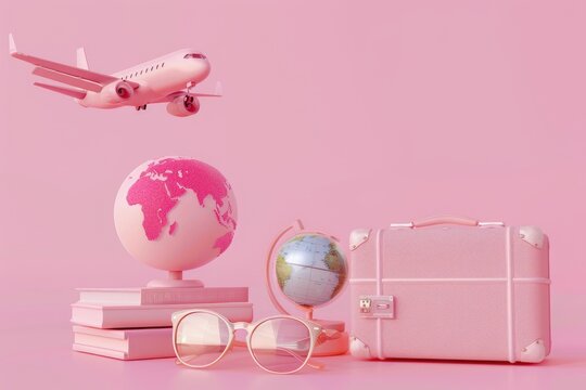 Air travel concept with mini suitcase  plane  globe  passport  sunglasses on pink background.