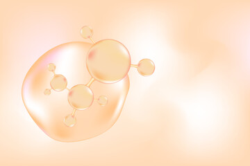 Nude beige, pink oil or collagen molecule formula, with light gold liquid particles, bubbles pattern. Hyaluronic acid serum chemical formula background with copy space. Beauty treatment nutrition.