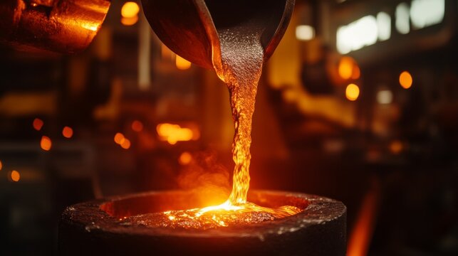 Foundry worker pouring molten metal into mold, capturing intense heat and precision of metalworking process with glowing liquid metal contrasting against dark industrial background.	
