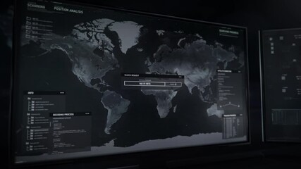 Modern Spy system deals with the analysis of target gps signal location. Spy system analyzing the coordinates data. Military spy system analysis tech finding the criminal in Central Europe.