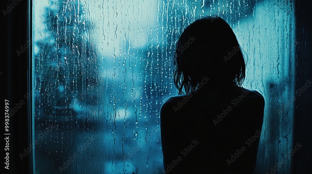 Poster a lone figure stands by a rain-covered window, immersed in thought as raindrops trickle down the gla