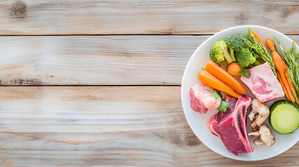 Raw meat and vegetables on white plate, concept of biologically appropriate raw feeding diet for pets on wooden background