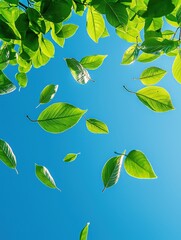 Green Leaves Falling Against Blue Sky