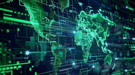 Digital global map with green data streams protected by firewalls