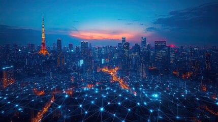 Fototapeta premium A modern cityscape with telecommunication networks, showing IoT, 5G, and smart city digital transformations.