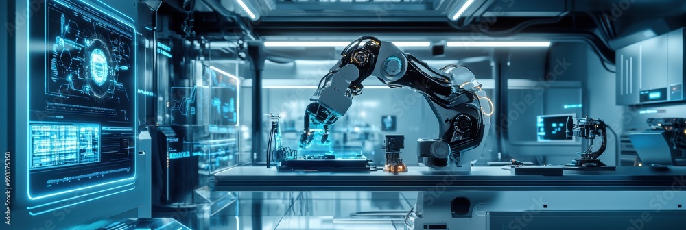 Poster A robotic arm precisely assembles intricate machinery in a sleek lab equipped with glowing panels and advanced technology. Generative AI