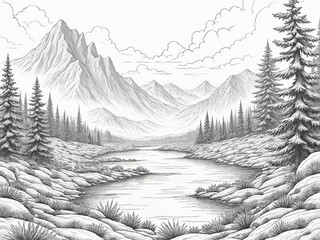 Fototapeta premium Pencil-art - line-art style landscape illustration.