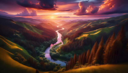 Fototapeta premium A tranquil sunset vista where the sun kisses the horizon, illuminating the river and hills.