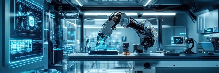 A robotic arm precisely assembles intricate machinery in a sleek lab equipped with glowing panels and advanced technology. Generative AI