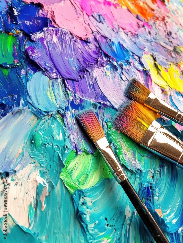 Aufkleber Bright splashes of color fill a palette, while paintbrushes rest atop a canvas, inviting artistic expression and creativity. Generative AI