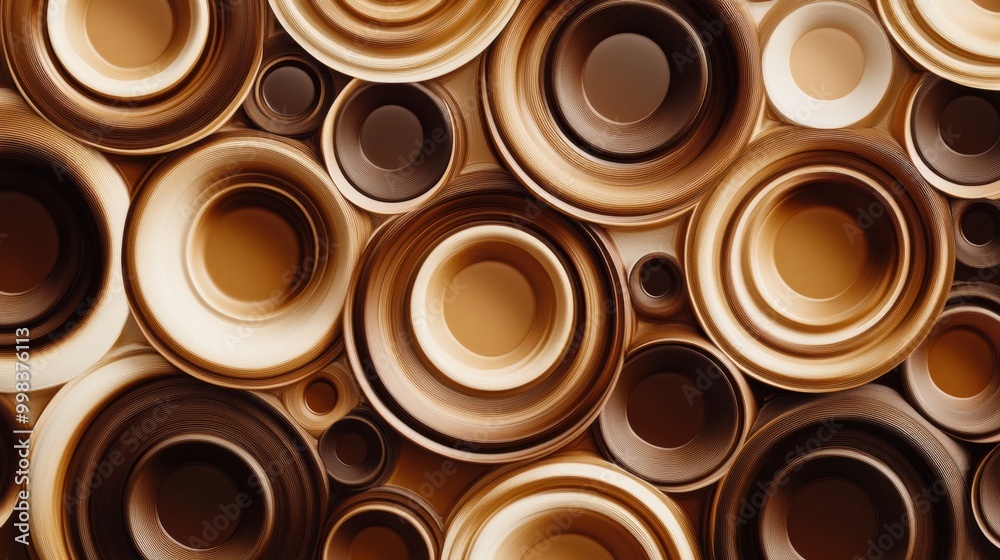 Poster a visually engaging composition features layered coffee cup rings in rich brown tones, forming an in