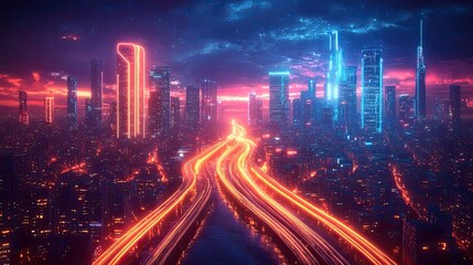 Fototapeta premium A neon-infused depiction of a futuristic mega city with modern towers, showcasing virtual reality and high-tech urban development.