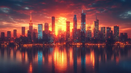 Fototapeta premium A neon-infused depiction of a futuristic mega city with modern towers, showcasing virtual reality and high-tech urban development.