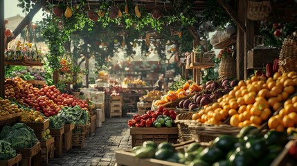Vibrant farmers market showcasing fresh organic fruits and vegetables, Supporting local agriculture