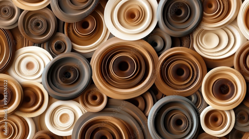 Poster Overlapping coffee cup rings in shades of brown create a dynamic and organic abstract pattern that captivates with its warmth and texture. Generative AI