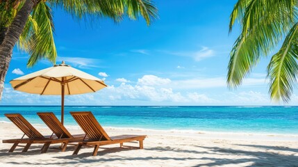 Fototapeta premium Beach Lounge Chairs and Umbrellas Ready for Relaxation and Fun