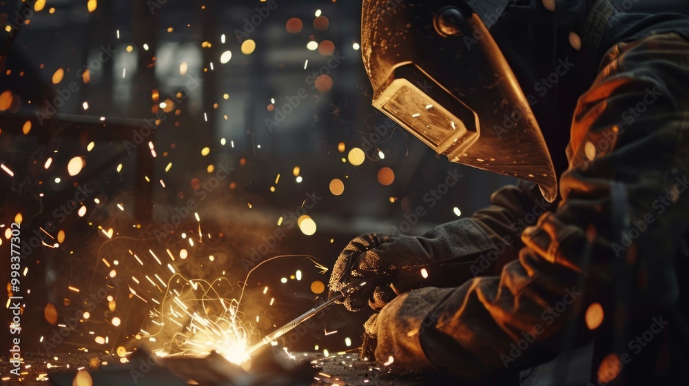 Poster a man in a black jacket is working with a welding torch