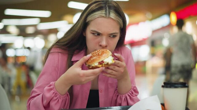 Lady in pink dress smells burger with displeasure, showing disgust after dropping it, she reaches for a napkin to clean her hand while people in the background continue eating in a blurred view