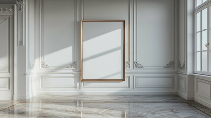 Drawing in golden frame mockup on wall with molding. Poster template in vintage room interior advertising image. Sunlight on classical painting mock up product photorealistic