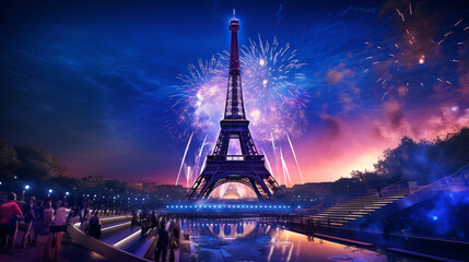 Eiffel Tower and fireworks in Paris, France. Festive background