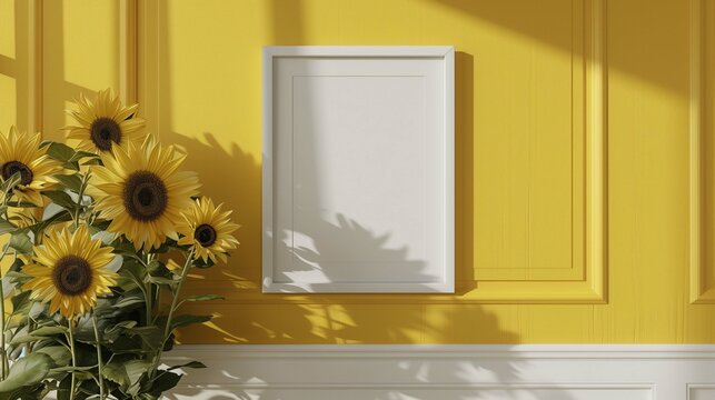 Poster mockup and bright yellow sunflowers in room. Drawing template near garden flowers bunch advertising image. Summertime home interior banner mock up product photorealistic