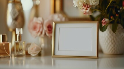 Obraz premium Photo frame mockup and perfume bottles on dressing table. Picture template with cosmetic product advertising image. Glamorous lifestyle concept with poster mock up product photorealistic