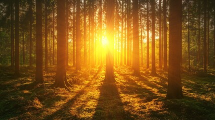 Fototapeta premium Golden rays of sunlight filtering through the trees in a dense forest.