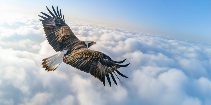 Majestic eagle flight in sunrise above clouds, spectacular aerial view, sky horizon, freedom perspective