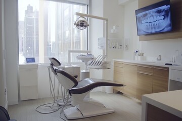 A modern dental clinic interior with a comfortable dental chair and equipment. AI generated image