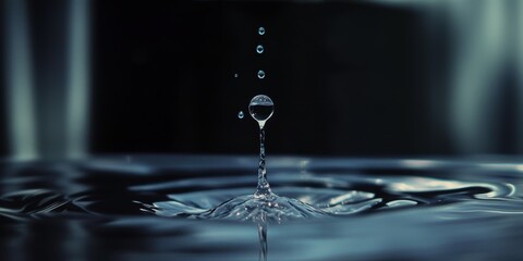 Close up water droplet into a puddle of water or lake, splash and droplets in air, ripples