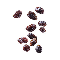 Falling Raisin, Close-up Full Depth View of Dried Grape Fruits Isolated on Transparent Background