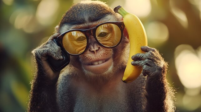 Playful Monkey Balancing Banana Like Telephone Wearing Oversized Glasses in Tropical Setting