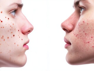 Obraz premium Faces of a young male before and after treatment for facial acne on a light colored background. Pimples, red scars on cheeks and chin girl. Problem skin, care and beauty concept. Dermatology.