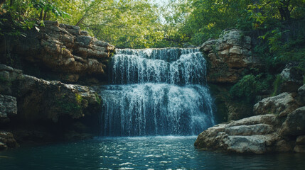 cascading waterfall plunging into serene pool, surrounded by lush greenery, creates tranquil atmosphere perfect for relaxation and reflection