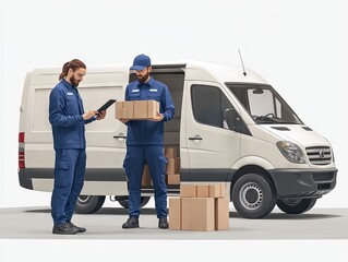  couriers in blue uniforms with truck delivering boxes 