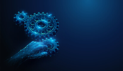 Abstract illustration of hand installing gear to gearbox in low poly style. Blue geometric background depicting mechanical technology machine engineering concept by wireframe connection structure