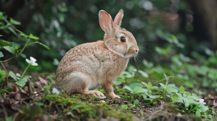 Fototapeta premium Curious Rabbit Exploring Verdant Forest Floor with Moss and Foliage