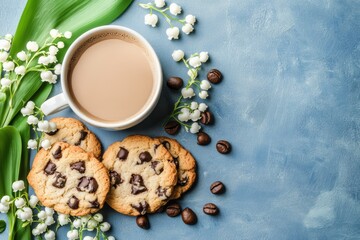 Fresh lily of the valley flowers with chocolate chip cookies coffee
