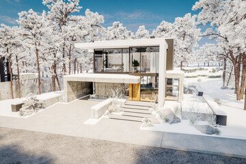3d rendering of flat roof house with parking and pool for sale or rent with concrete facade and beautiful landscaping on background. Cool winter day with shiny white snow.